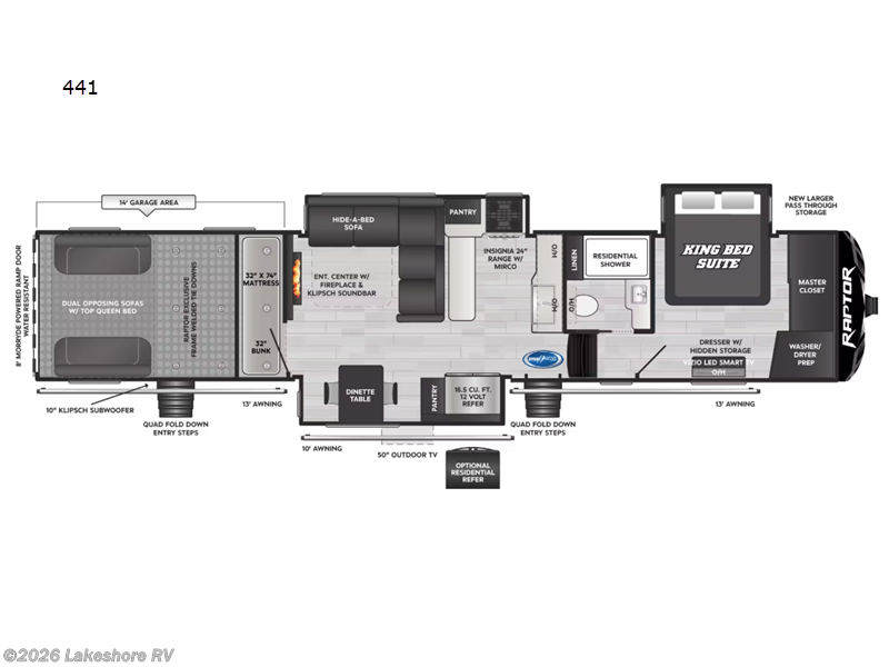 2025 Keystone Raptor 441 - New Toy Hauler For Sale by Lakeshore RV in Muskegon, Michigan features Slideout