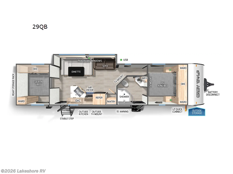 2025 Forest River Cherokee Grey Wolf 29QB - New Travel Trailer For Sale by Lakeshore RV in Muskegon, Michigan features Slideout