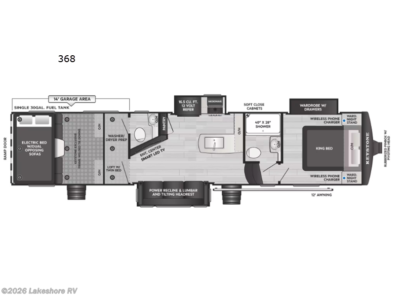 2026 Keystone Raptor Carbon Series 368 - New Toy Hauler For Sale by Lakeshore RV in Muskegon, Michigan features Slideout