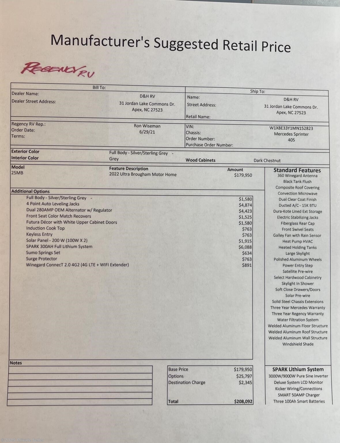 2022 Regency Ultra Brougham MB - Used Class B+ For Sale by For Sale By Owner in Dallas, Pennsylvania
