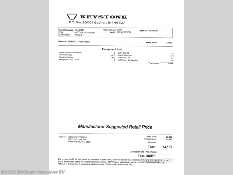 2027 Hideout 230BHWE by Keystone from McCords Vancouver RV in Battle Ground, Washington