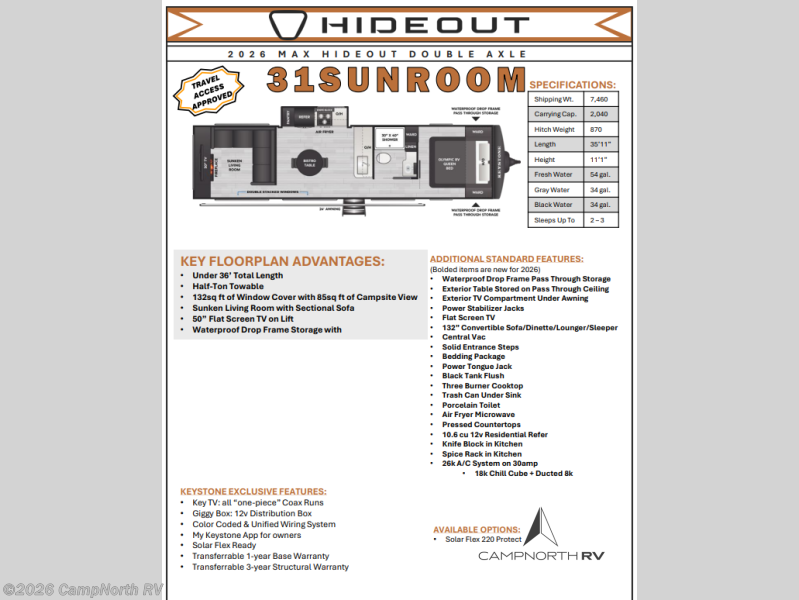 New 2026 Keystone Hideout Max 31SUNROOM available in Schoolcraft, Michigan