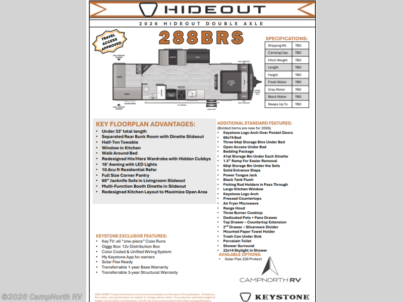 2026 Hideout 288BRS by Keystone from CampNorth RV in Schoolcraft, Michigan