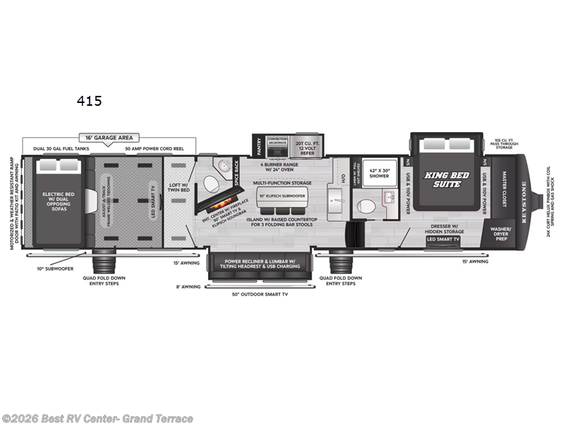 2026 Keystone Raptor 415 - New Toy Hauler For Sale by Best RV Center- Grand Terrace in Grand Terrace, California features Slideout