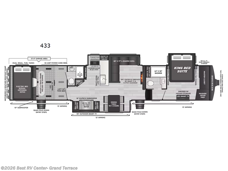2026 Keystone Raptor 433 - New Toy Hauler For Sale by Best RV Center- Grand Terrace in Grand Terrace, California features Slideout