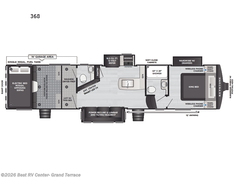 2026 Keystone Raptor Carbon Series 368 - New Toy Hauler For Sale by Best RV Center- Grand Terrace in Grand Terrace, California features Slideout