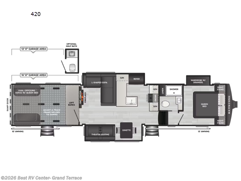 2027 Keystone Raptor Carbon Series 420 - New Toy Hauler For Sale by Best RV Center- Grand Terrace in Grand Terrace, California features Slideout