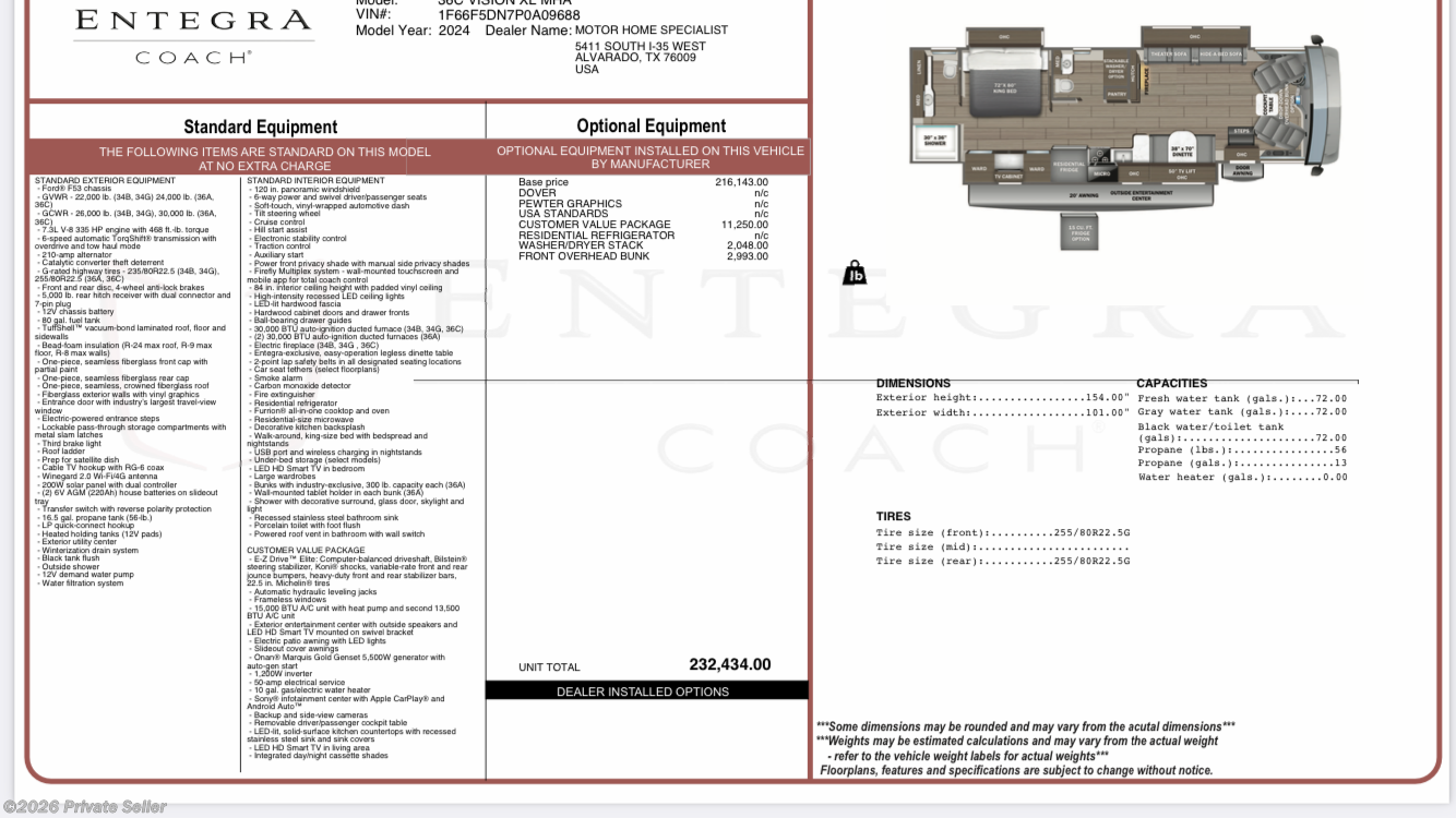2024 Vision XL 36-C  38 Foot by Entegra Coach from For Sale By Owner in Ocala, Florida