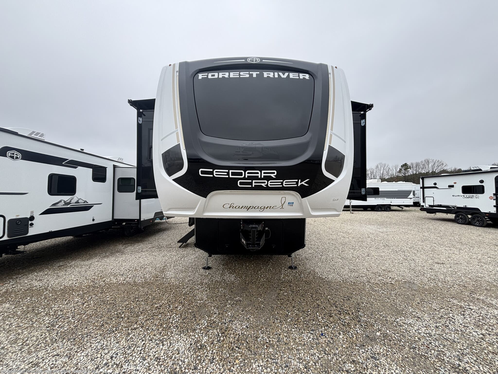2026 Forest River Cedar Creek Champagne Edition 370FL - New Fifth Wheel For Sale by Crossroads Trailer Sales, Inc. in Newfield, New Jersey features Refrigerator, Hide-A-Bed, Vanity, Solar Panel, Dishwasher
