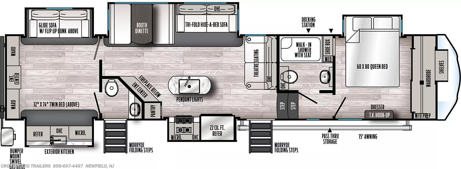 2020 Forest River Sierra 384QBOK - Used Fifth Wheel For Sale by Crossroads Trailer Sales, Inc. in Newfield, New Jersey features Microwave, Enclosed Underbelly, Slideout, Awning, Washer/Dryer Prep