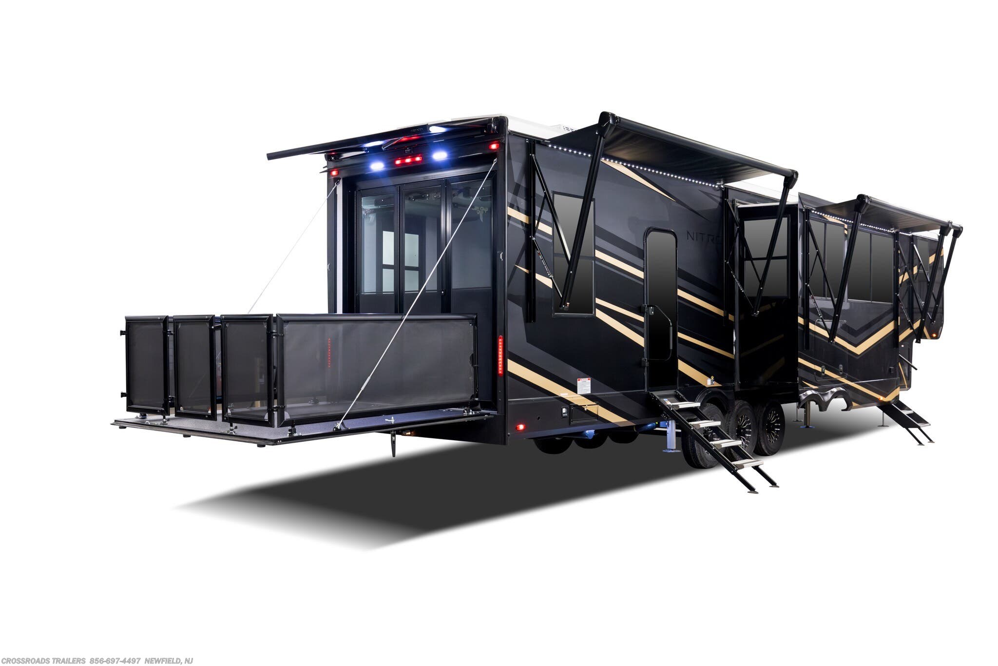 2027 Forest River XLR Nitro 41G14 - New Toy Hauler For Sale by Crossroads Trailer Sales, Inc. in Newfield, New Jersey features Awning, Inverter, Microwave, Ramp, Solid Surface Countertops